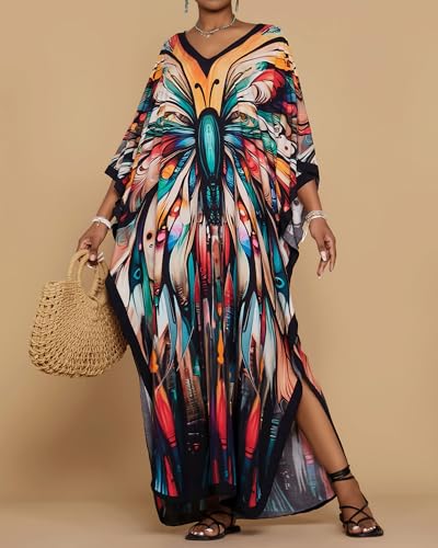 Bsubseach Kaftan Dresses for Women Floral Print Caftans Bathing Suit Cover Ups Plus Size Long Beach Coverup Dress Colorful - Image 5