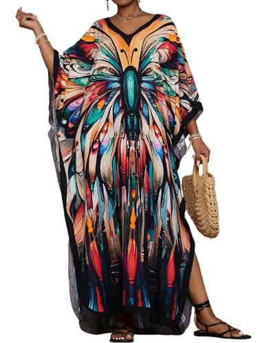 Bsubseach Kaftan Dresses for Women Floral Print Caftans Bathing Suit Cover Ups Plus Size Long Beach Coverup Dress Colorful - Image 1