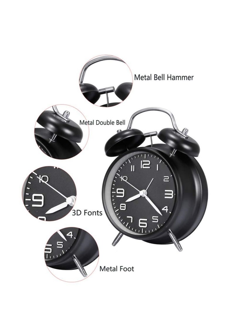 Captaintech Twin Bell Alarm Clock, Black Loud Alarm Clock 3D Digital Scale with Backlight, for Heavy Sleepers, Non Ticking and Silent 4inch Metal Bell Alarm Clock, Desk Table Clock for Home and Office - Image 2