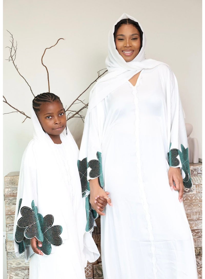 Abaya by Mariam Abaya Aamira for Kids – White and Green Beaded Clover Abaya Set – 2-Piece Elegant TikTok Fabric Outfit with Chiffon Scarf | Womens Abaya  - Image 2
