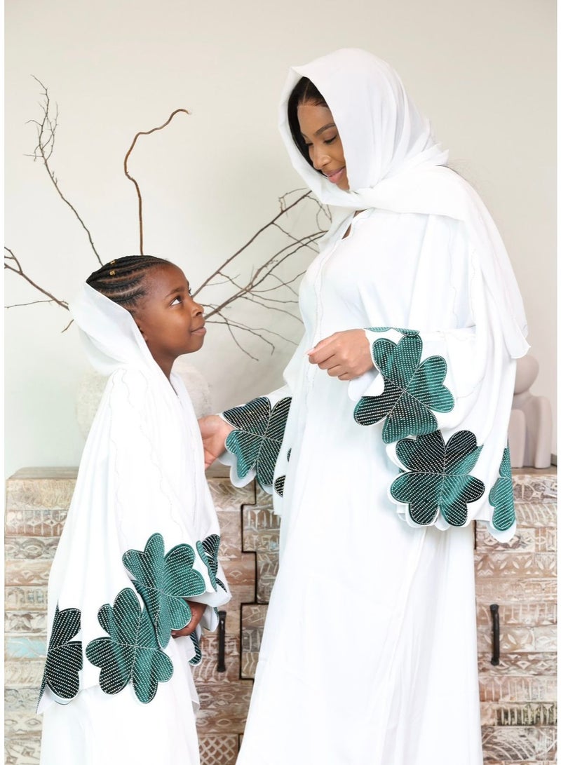 Abaya by Mariam Abaya Aamira for Kids – White and Green Beaded Clover Abaya Set – 2-Piece Elegant TikTok Fabric Outfit with Chiffon Scarf | Womens Abaya  - Image 4