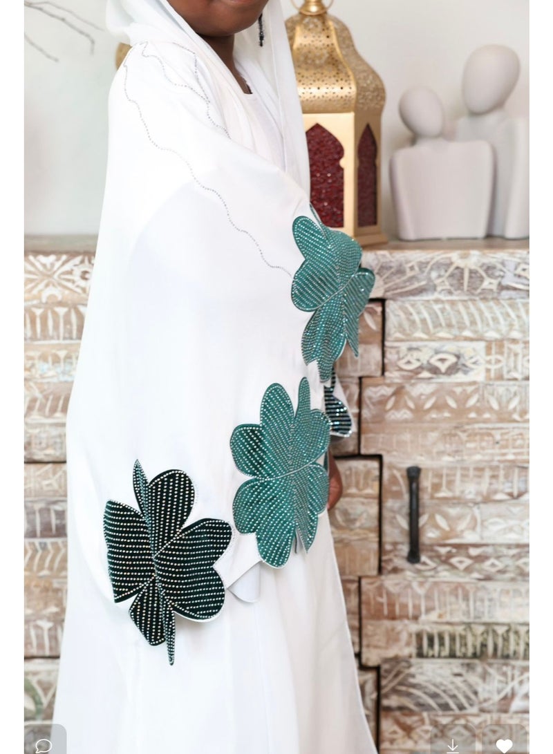 Abaya by Mariam Abaya Aamira for Kids – White and Green Beaded Clover Abaya Set – 2-Piece Elegant TikTok Fabric Outfit with Chiffon Scarf | Womens Abaya  - Image 5