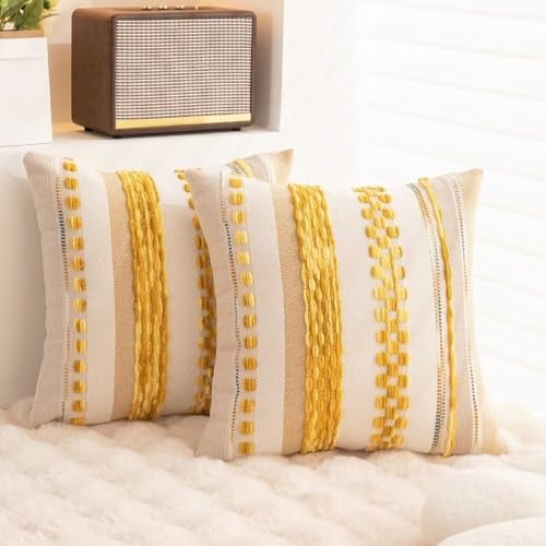 WANLIRD Boho Throw Pillow Covers 18x18 Set of 2 Farmhouse Decorative Cushion Case Striped Square Pillows Cover Chenille Pillow Cases Accent Neutral Pillowcase for Sofa Couch Bed,Yellow - Image 4