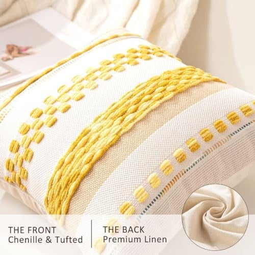 WANLIRD Boho Throw Pillow Covers 18x18 Set of 2 Farmhouse Decorative Cushion Case Striped Square Pillows Cover Chenille Pillow Cases Accent Neutral Pillowcase for Sofa Couch Bed,Yellow - Image 2