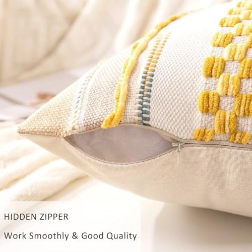 WANLIRD Boho Throw Pillow Covers 18x18 Set of 2 Farmhouse Decorative Cushion Case Striped Square Pillows Cover Chenille Pillow Cases Accent Neutral Pillowcase for Sofa Couch Bed,Yellow - Image 3
