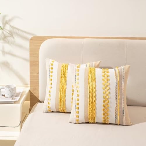 WANLIRD Boho Throw Pillow Covers 18x18 Set of 2 Farmhouse Decorative Cushion Case Striped Square Pillows Cover Chenille Pillow Cases Accent Neutral Pillowcase for Sofa Couch Bed,Yellow - Image 5