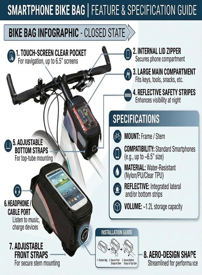 Wavva® Rubber Bike Bag with Phone Holder for Mountain Bike, Bike Handlebar Bag with Waterproof Touchscreen Phone Case for Every Phone (Black)- Rubber - Image 2