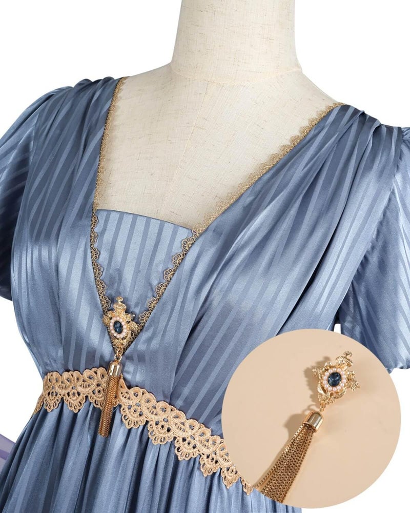 Nuoqi Regency Dresses for Women 1800s Victorian Dress Empire Waist Ball Gown with Gloves Blue, L - Image 4