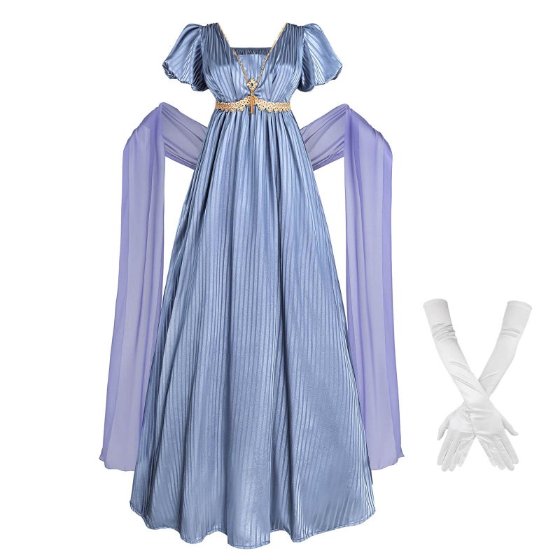 Nuoqi Regency Dresses for Women 1800s Victorian Dress Empire Waist Ball Gown with Gloves Blue, L - Image 1