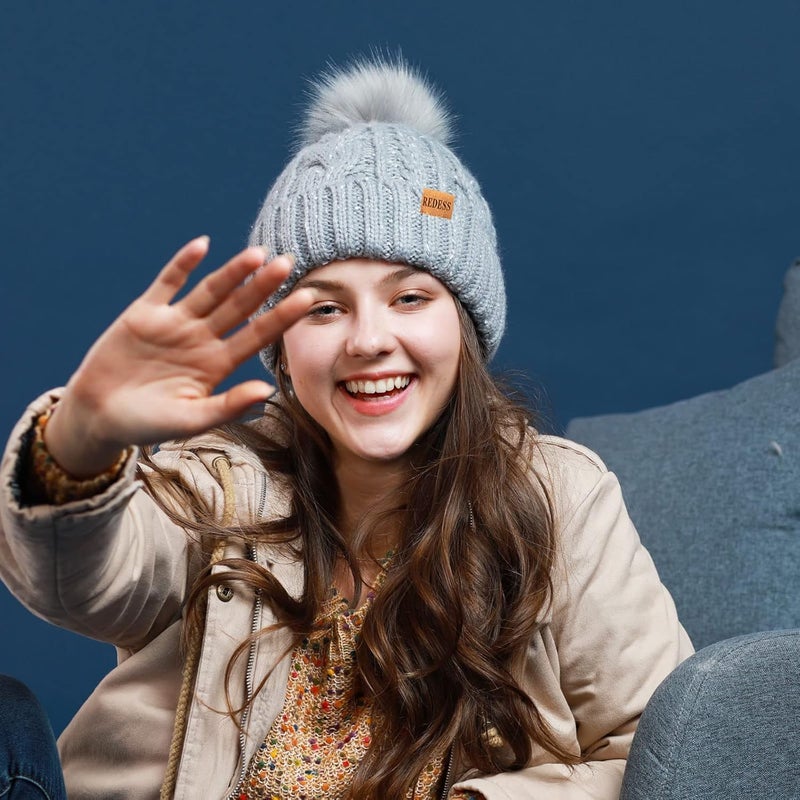 REDESS Women Winter Pompom Beanie Hat with Warm Fleece Lined, Thick Slouchy Snow Knit Skull Ski Cap - Image 4