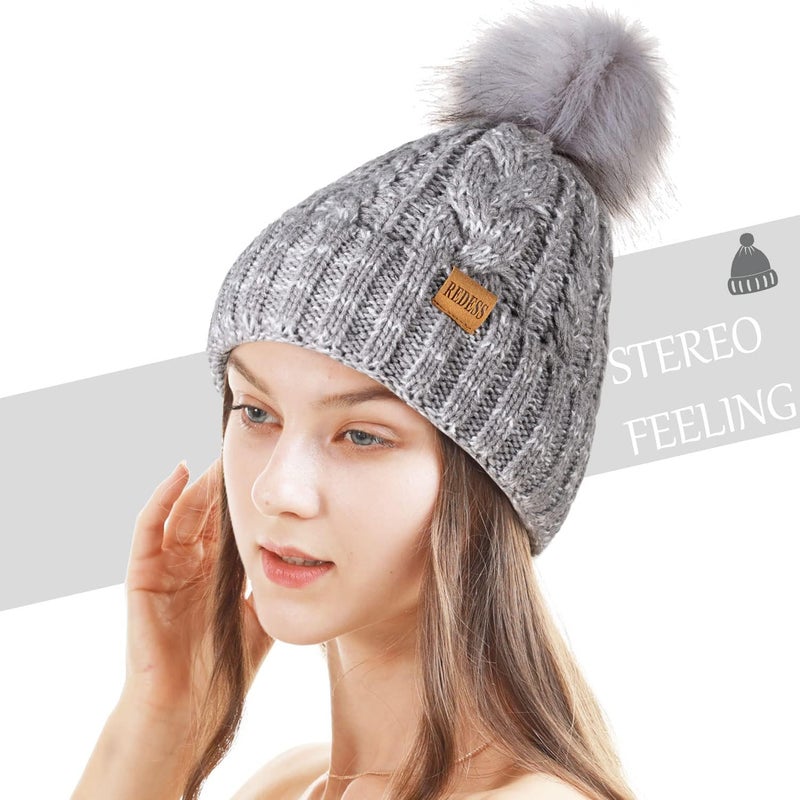 REDESS Women Winter Pompom Beanie Hat with Warm Fleece Lined, Thick Slouchy Snow Knit Skull Ski Cap - Image 1