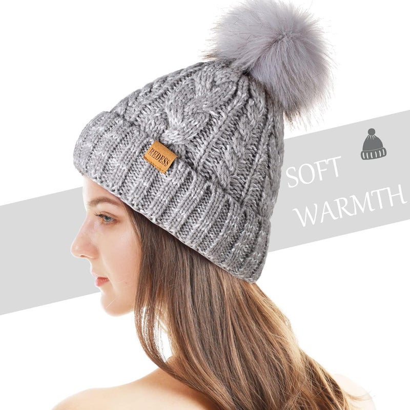 REDESS Women Winter Pompom Beanie Hat with Warm Fleece Lined, Thick Slouchy Snow Knit Skull Ski Cap - Image 2