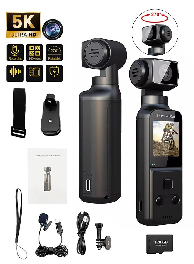 Generic 5K HD Anti-Shake Sports Camera, 270 Degree Rotation Portable Sport Motion Camera with Mic Clip Outdoor Riding Shooting Vlog, 1.3Inch Screen Pocket Digital Cam, Included 128G Card,1000mAh Rechargeable  - Image 1