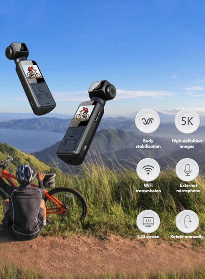 Generic 5K HD Anti-Shake Sports Camera, 270 Degree Rotation Portable Sport Motion Camera with Mic Clip Outdoor Riding Shooting Vlog, 1.3Inch Screen Pocket Digital Cam, Included 128G Card,1000mAh Rechargeable  - Image 2