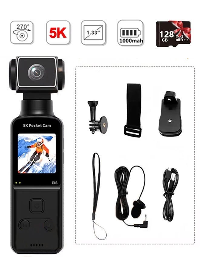 5K HD Anti-Shake Sports Body Camera, 270 Degree Rotation Portable Sport Motion Camera with Mic Clip Outdoor Riding Shooting Vlog, 1.3Inch Screen Pocket Digital Cam, Included 128G Card,1000mAh Rechargeable - Image 1