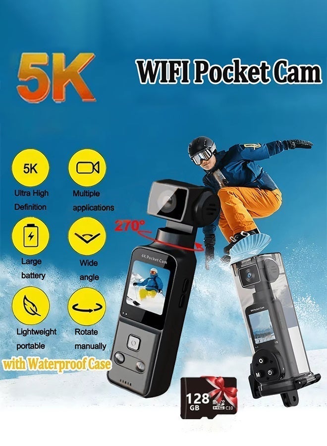 5K HD Anti-Shake Sports Body Camera, 270 Degree Rotation Portable Sport Motion Camera with Mic Clip Outdoor Riding Shooting Vlog, 1.3Inch Screen Pocket Digital Cam, Included 128G Card,1000mAh Rechargeable - Image 2