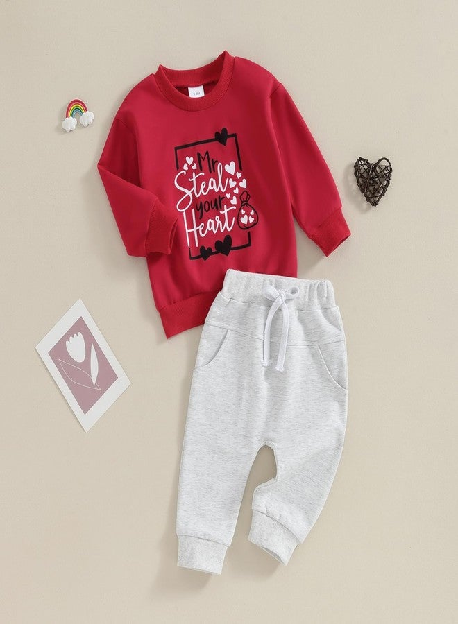 Okbabeha Baby Boy Valentine's Day Outfit Mr Steal Your Heart Long Sleeve Sweatshirt Jogger Newborn Toddler Boys Clothes Set (Mr steal your heart-Red, 6-12 Months) - Image 3