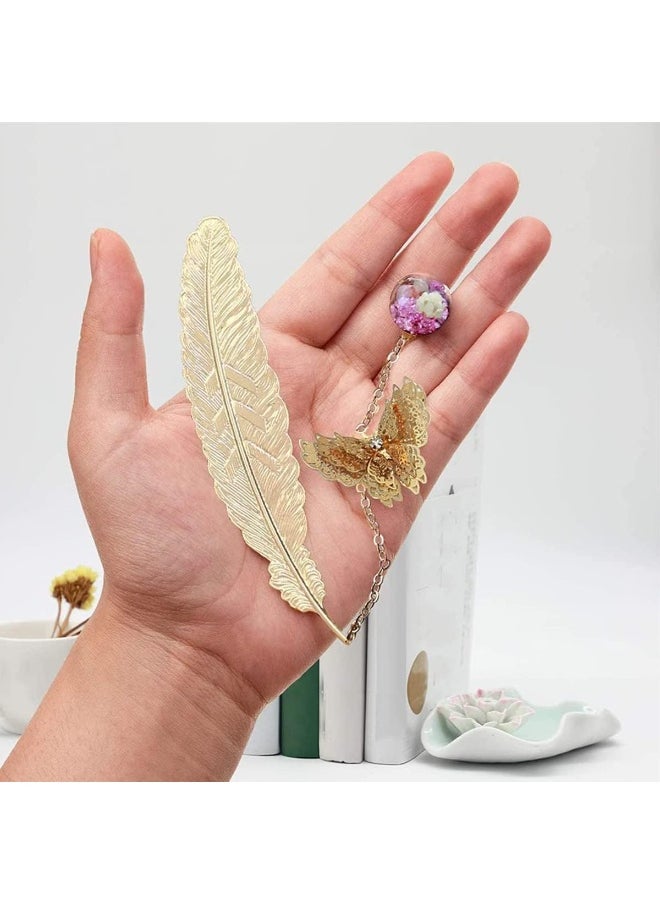 ECVV Metal Feather Bookmarks with 3D Butterfly and Dried Flower Pendant Gold Retro Book Page Markers Leaf Book Marks Gift for Book Lovers Teachers  - Image 2