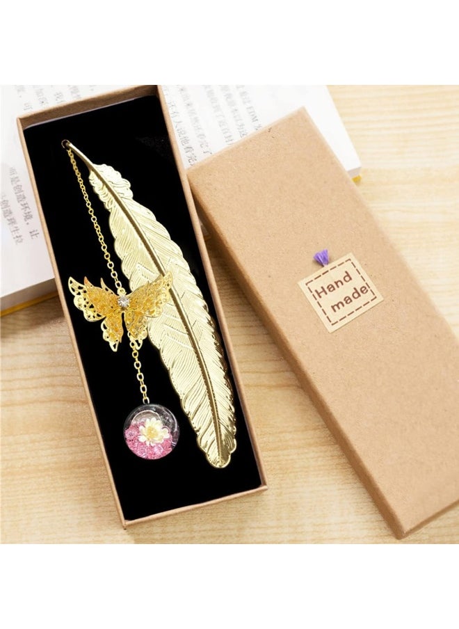ECVV Metal Feather Bookmarks with 3D Butterfly and Dried Flower Pendant Gold Retro Book Page Markers Leaf Book Marks Gift for Book Lovers Teachers  - Image 1