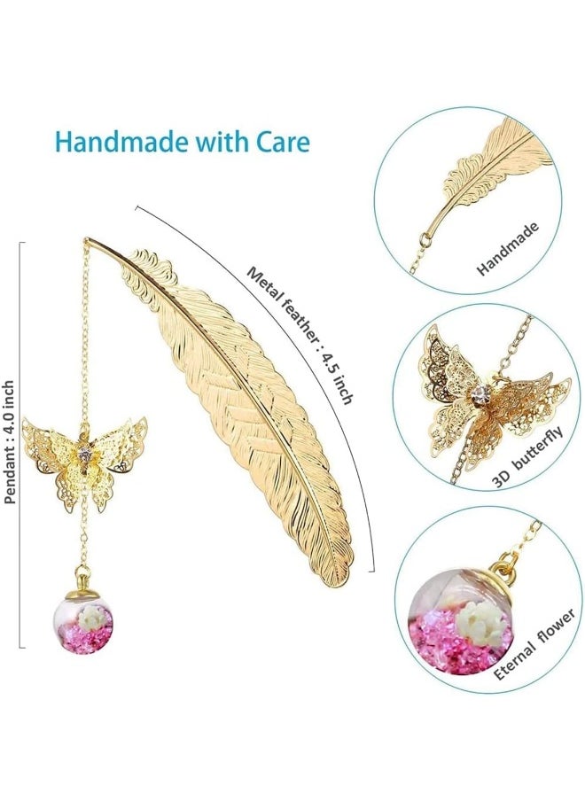 ECVV Metal Feather Bookmarks with 3D Butterfly and Dried Flower Pendant Gold Retro Book Page Markers Leaf Book Marks Gift for Book Lovers Teachers  - Image 3