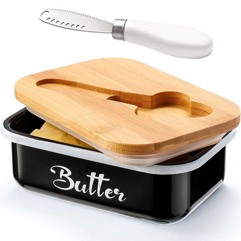AISBUGUR Butter Dish with Lid for Countertop, AISBUGUR Metal Butter Keeper with Stainless Steel Multipurpose Butter Knife, Large Butter Container with Double High-quality Silicone Good Kitchen Gift Black - Image 1