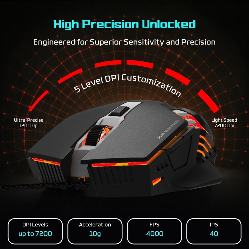 EvoFox Spectre USB Wired Gaming Mouse with Upto 3600 DPI Gaming Sensor | 6 Buttons Design | Upto 7 Million Clicks | 7 Colours Rainbow Lighting with Breathing Effect | 1.5m Braided Cable (Black) - Image 2