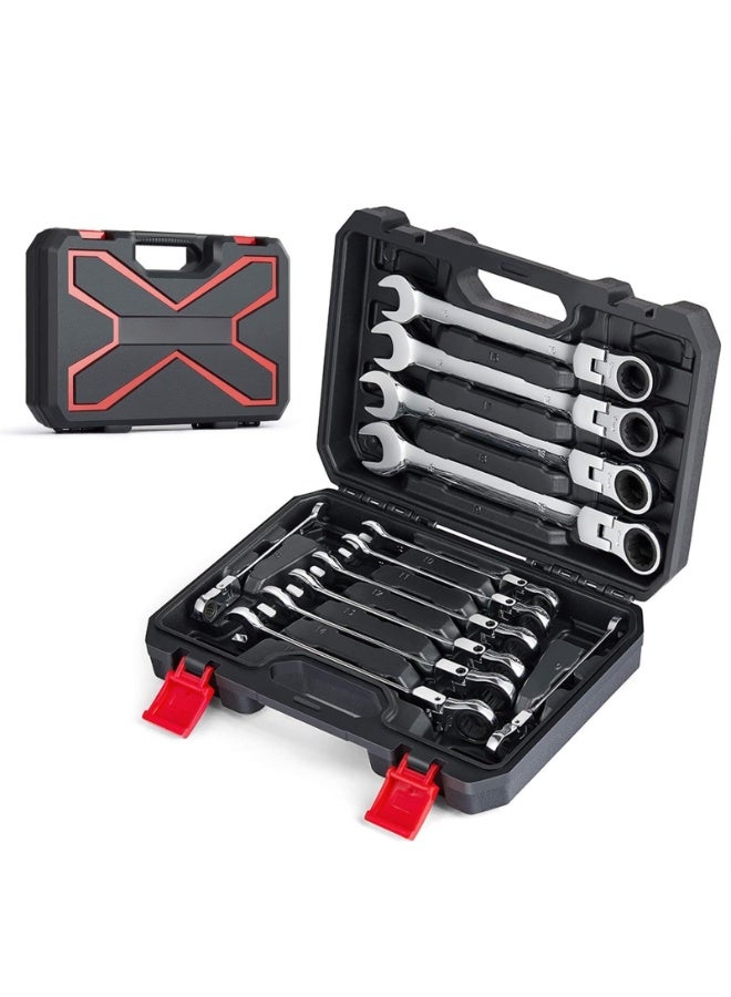 12-Piece Flex-Head Ratcheting Wrench Set, Metric 8mm-19mm, Combination Ended Spanner kits, Chrome Vanadium Steel with Toolbox - Image 1
