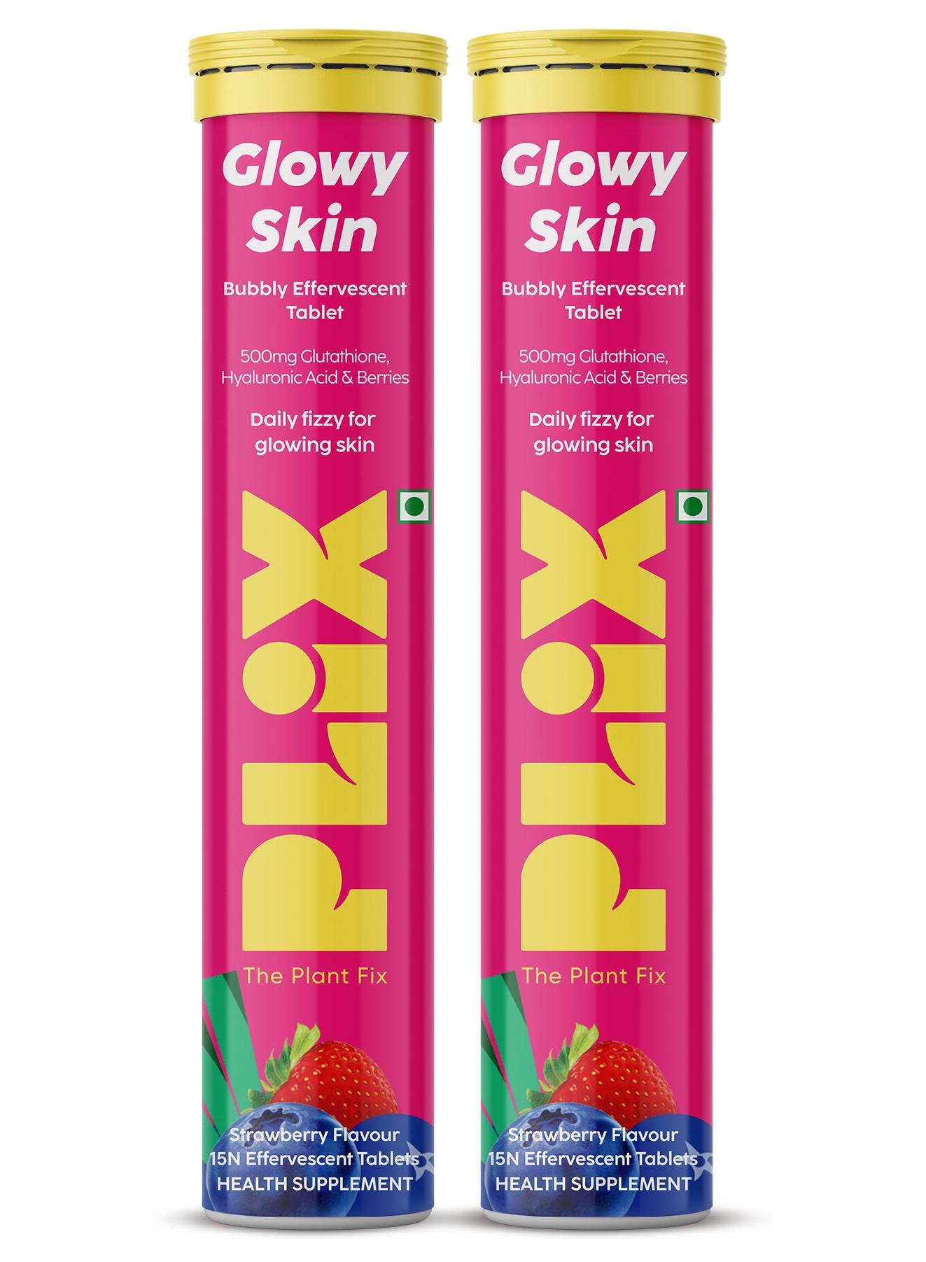 PLIX-THE PLANT FIX Glowy Skin Effervescent Tablets | 500mg L-Glutathione | Hyaluronic Acid | Vitamin C & E | Plant-Based Ingredients | Sugar-free | For Daily Use (Pack of 2)