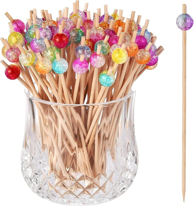 A-Link 100-Pack Cocktail Picks, Colorful Pearl Fancy Toothpicks for Appetizers, Wooden Food Picks Skewers for Food, Drinks, Fruits Party, Charcuterie Accessories - 4.72 inch - Image 1