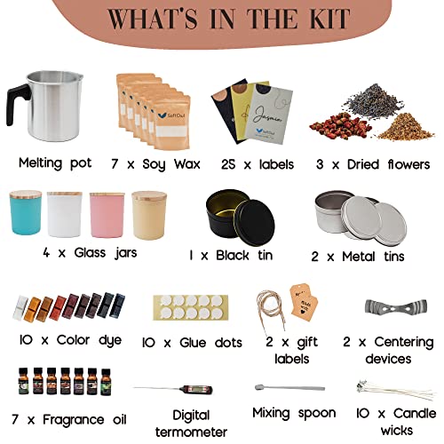 SoftOwl Premium Soy Candle Making Kit - Full Set - Soy Wax, Big 7oz Jars & Tins, 7 Pleasant Scents, Color Dyes & More - Perfect as Home Decorations - DIY Starter Scented Candles Making Kit - Image 2