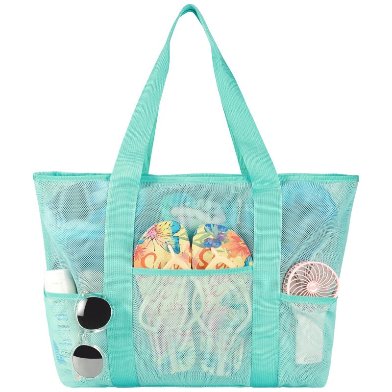 coclothy Mesh Beach Bag, Large Tote with Zipper Beach Bags for Women Waterproof Sandproof with 5 Pockets Green - Image 1
