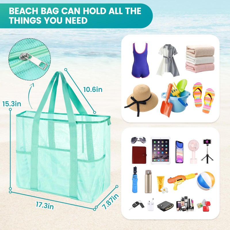 coclothy Mesh Beach Bag, Large Tote with Zipper Beach Bags for Women Waterproof Sandproof with 5 Pockets Green - Image 4
