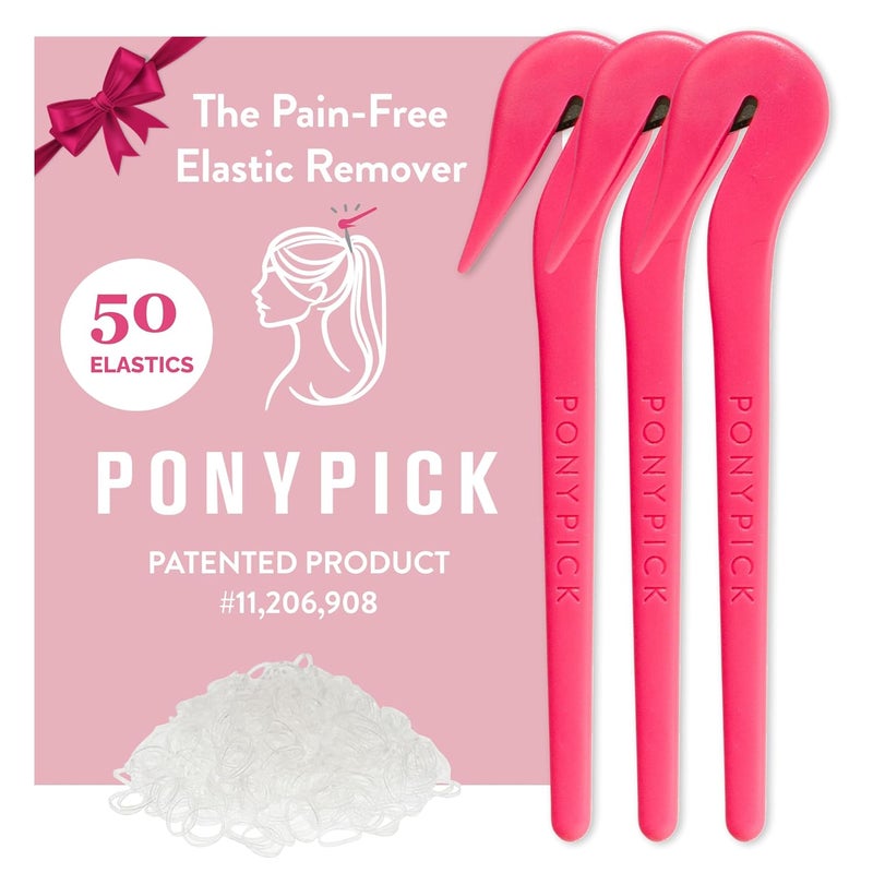 Pony Pick THE Hair Elastic Rubber Bands Cutter Tool Easy To Use, Pain Free, No Hair Damage Ponytail Cutter Tool for Kids & Toddlers (3 Picks & 50 Clear Hair Elastics) - Image 1
