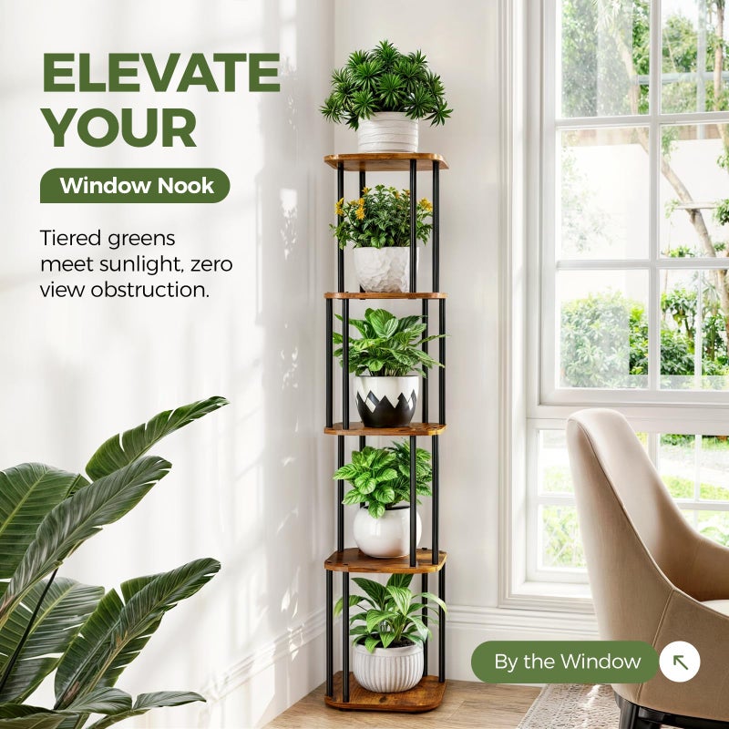 Bamworld Tall Plant Stand Indoor, Corner Plant Shelf for Multiple Plants, 5 Tier Metal Flower Pot Stands for Patio Garden Balcony Living Room Bedroom - Image 2