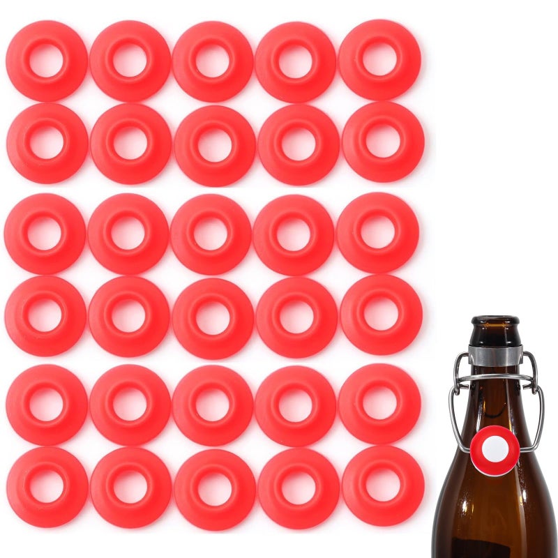 FERRODAY 30PCS Silicone Gasket for EZ Cap Red Washers Swing Flip Top Bottle Cap Gasket Home Brew Beer Soda Bottle Seal Swing Top Bottle Gasket -30 Bottle Gaskets - Image 1