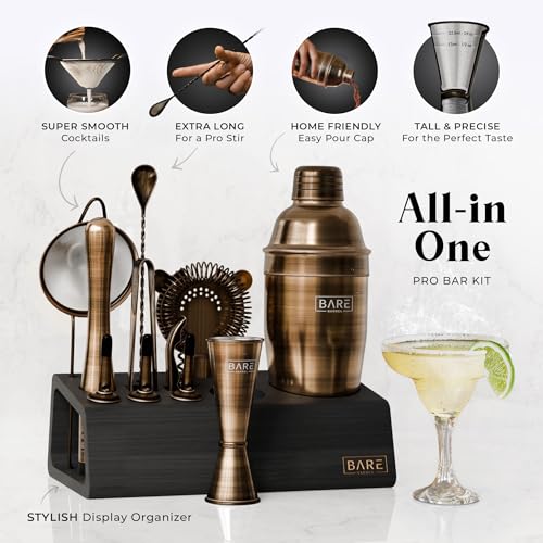 BARE BARREL® Mixology Bartender Kit Bar Set | 14-Piece Cocktail Shaker Set | Martini Barware Mixing Tools for Home Bartending | Incl. 35 Recipe Cards | Gift Set (24oz Cobbler Shaker, Brass/Black) - Image 2