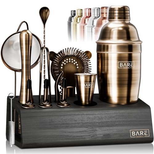 BARE BARREL® Mixology Bartender Kit Bar Set | 14-Piece Cocktail Shaker Set | Martini Barware Mixing Tools for Home Bartending | Incl. 35 Recipe Cards | Gift Set (24oz Cobbler Shaker, Brass/Black) - Image 1
