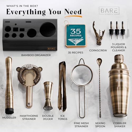 BARE BARREL® Mixology Bartender Kit Bar Set | 14-Piece Cocktail Shaker Set | Martini Barware Mixing Tools for Home Bartending | Incl. 35 Recipe Cards | Gift Set (24oz Cobbler Shaker, Brass/Black) - Image 4