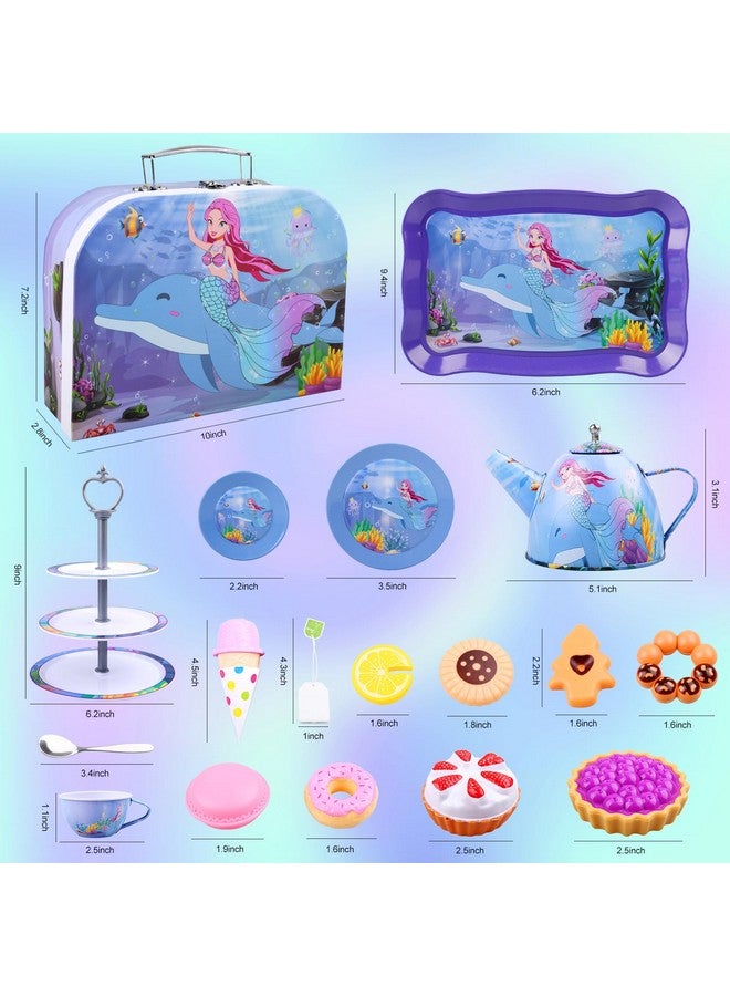 Auney 36Pcs Tea Set For Little Girlsgirl Toys Age 3 4 5 6 Years Oldbirthday Gift Ideas For 3 Year Old Girlkid’S Kitchen Pretend Toy With Tin Tea Setdesserts & Carrying Case (Mermaid Toy) - Image 4