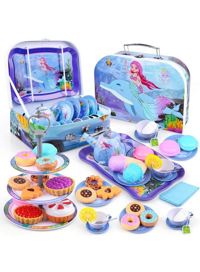 Auney 36Pcs Tea Set For Little Girlsgirl Toys Age 3 4 5 6 Years Oldbirthday Gift Ideas For 3 Year Old Girlkid’S Kitchen Pretend Toy With Tin Tea Setdesserts & Carrying Case (Mermaid Toy) - Image 2