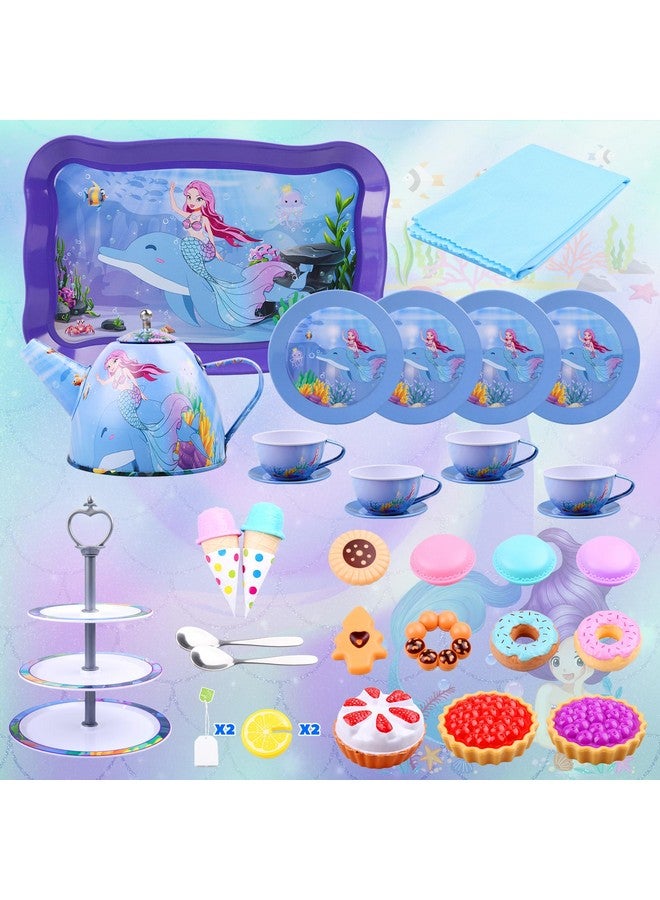 Auney 36Pcs Tea Set For Little Girlsgirl Toys Age 3 4 5 6 Years Oldbirthday Gift Ideas For 3 Year Old Girlkid’S Kitchen Pretend Toy With Tin Tea Setdesserts & Carrying Case (Mermaid Toy) - Image 3
