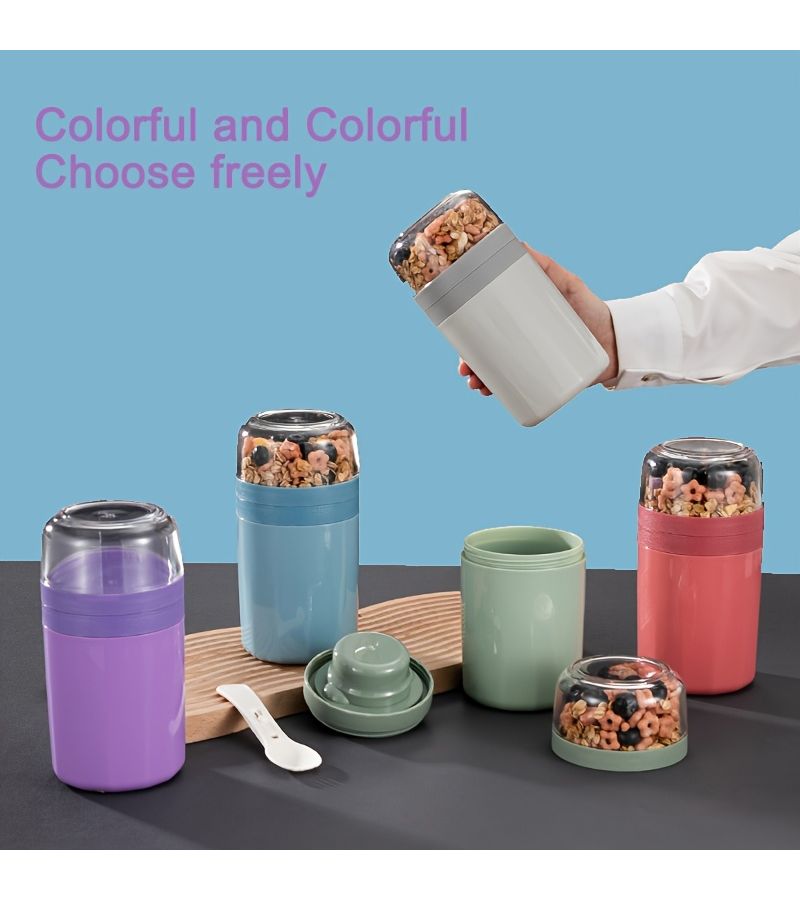Portable Oat Cup 20.96oz Double Layer Yogurt Cup With Built In Folding Fork Spoon Sauce Box Leak Proof Grain Cup Portable Breakfast Salad Cup Brick Red - Image 5