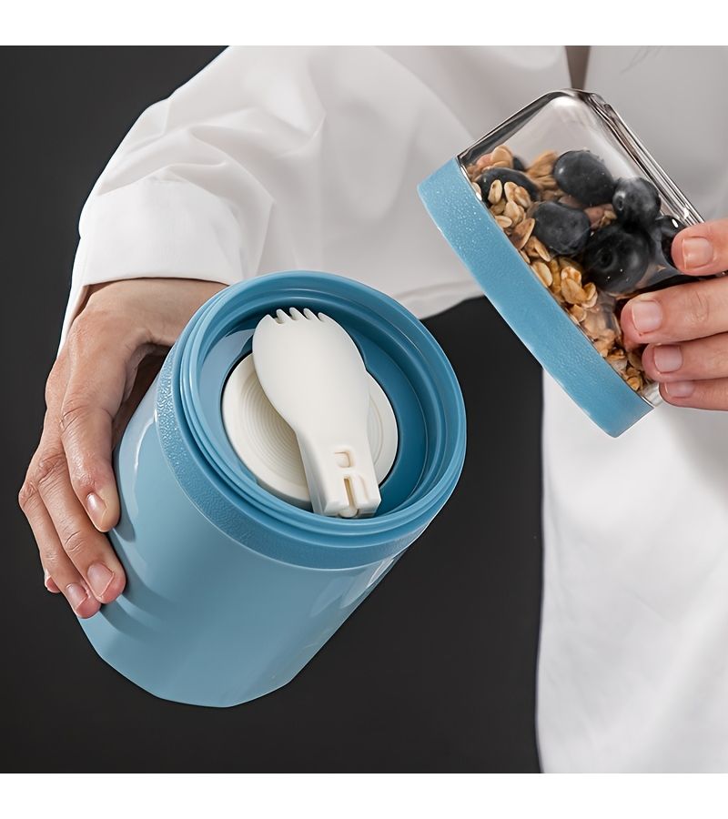 Portable Oat Cup 20.96oz Double Layer Yogurt Cup With Built In Folding Fork Spoon Sauce Box Leak Proof Grain Cup Portable Breakfast Salad Cup Brick Red - Image 2