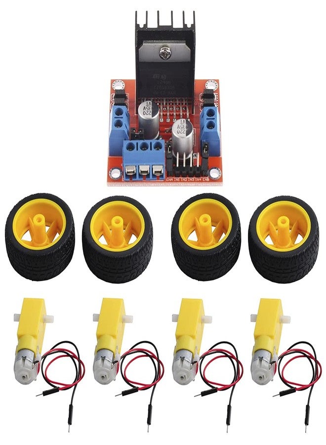 أن.سي مجموعة من 4 محركات علبة تروس تيار مستمر من ShangHJ، محرك TT، 200 دورة في الدقيقة، عجلة إطار تيار مستمر 3-6 فولت، موصل ذكر 1:48 مع لوحة تحكم محرك L298N واحدة لسيارة Arduino Micro:bit الذكية - Image 1