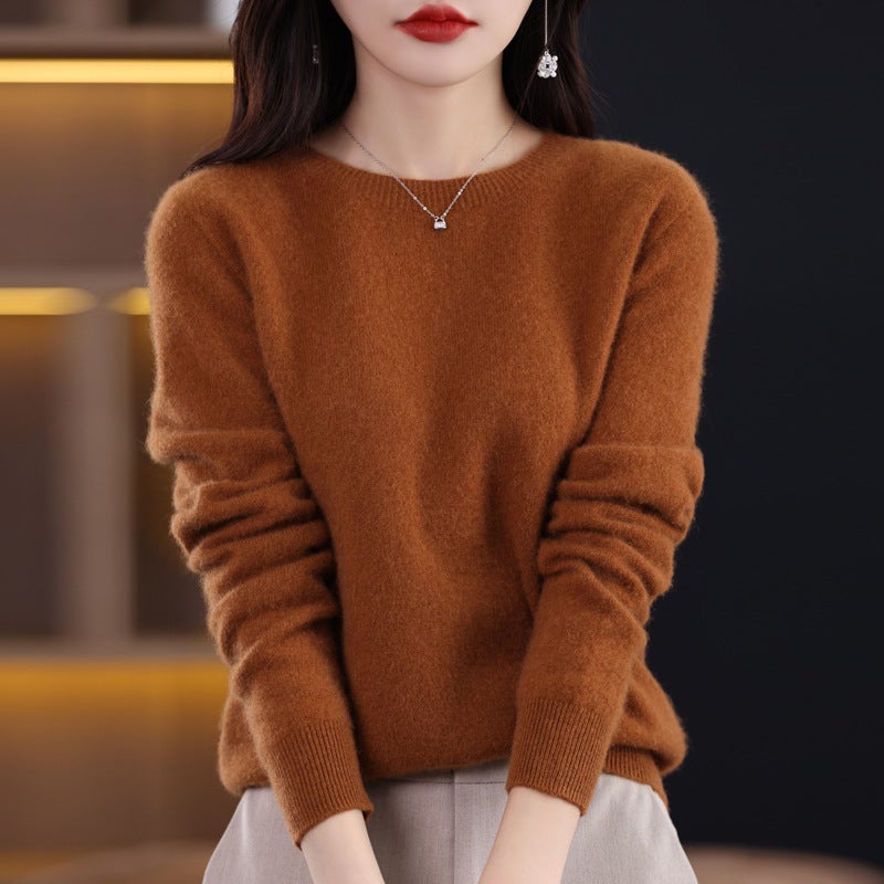 Woolen sweater womens solid color round neck 23 new long sleeve seamless knitted first-line garment wool sweater undershirt Caramel