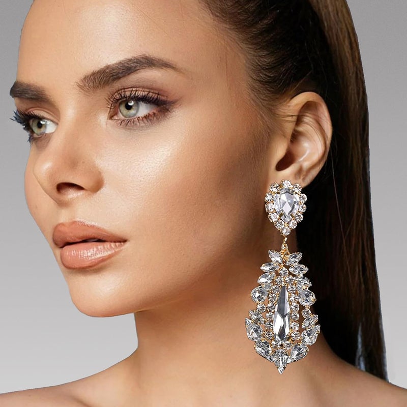 XSBODY Prom Drop Chandelier Earrings for Women Dangling Bling Hypoallergenic Large Rhinestone Gold Earrings Formal Wedding Jewelry - Image 3