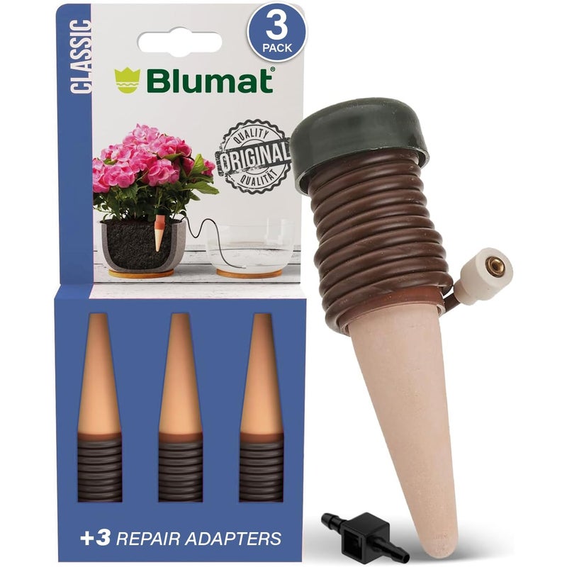 Blumat Classic Self-Watering Stakes - Prevents Overwatering and Underwatering for Healthy Growth While You are Away - Ideal for Indoor Plant Watering, 3 Pack, w Adapter - Image 1