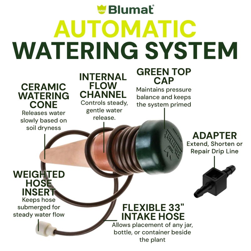 Blumat Classic Self-Watering Stakes - Prevents Overwatering and Underwatering for Healthy Growth While You are Away - Ideal for Indoor Plant Watering, 3 Pack, w Adapter - Image 5