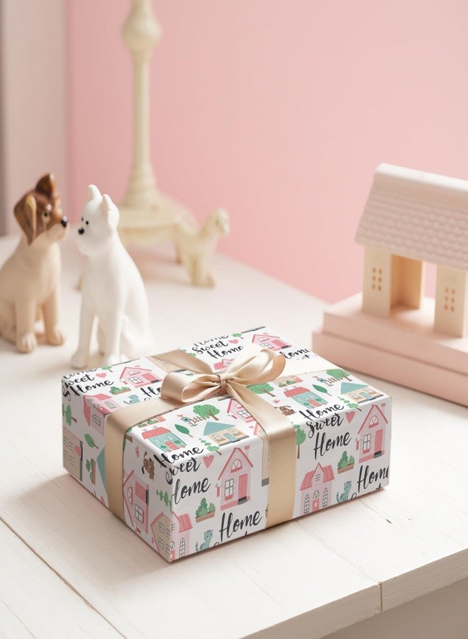 LeZakaa Pink Housewarming Wrapping Paper, Pink Houses & Leafy Green Trees Design, Home Sweet Home Text, for Welcome-home, Family Gifts, for Gifting Families, Friends, Neighbors, 17 In x 16.4 Ft - Image 2