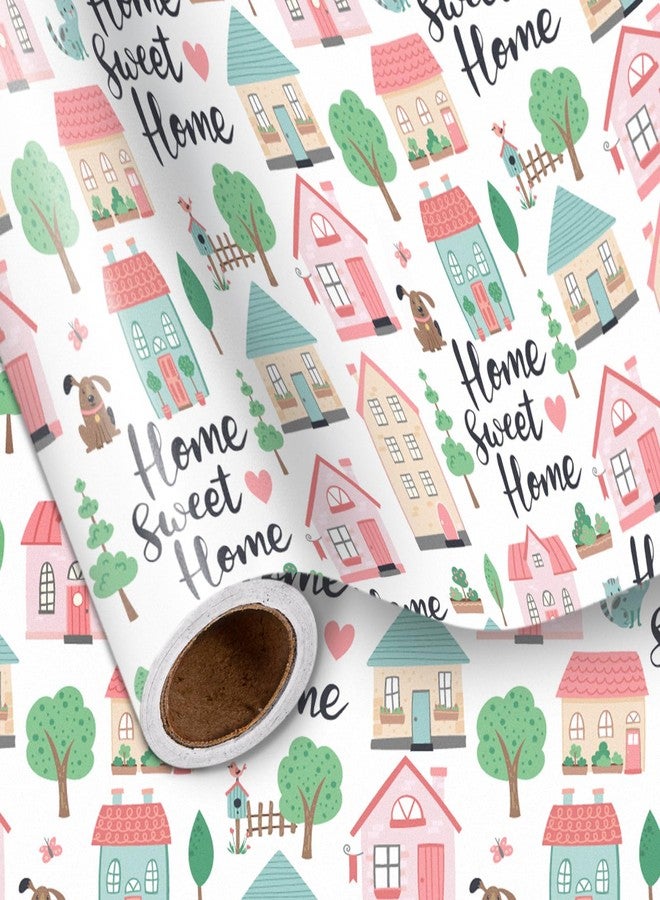 LeZakaa Pink Housewarming Wrapping Paper, Pink Houses & Leafy Green Trees Design, Home Sweet Home Text, for Welcome-home, Family Gifts, for Gifting Families, Friends, Neighbors, 17 In x 16.4 Ft - Image 1